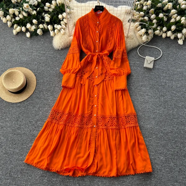 ZT1465 French Vintage Lace Patchwork Pearl Single Breasted Temperament Stand Collar Lantern Sleeve Big Swing Women's Dress - Image 2