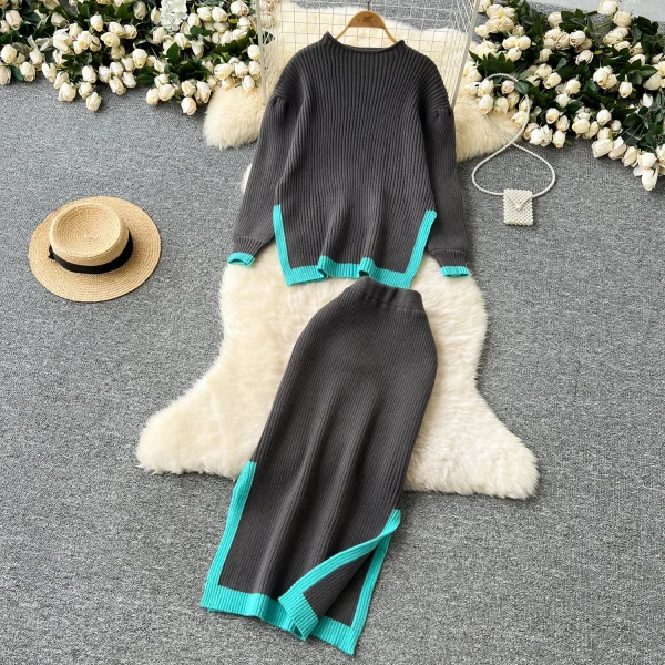 LW0135 Simple Color Contrast Design Two-Piece Women'S Loose Knit Sweater High Waist Slimming Mid-Length Skirt - Image 3