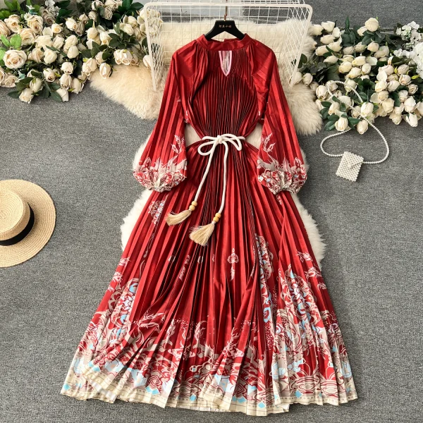 ZT1529 Retro Palace Style Design Sense Floral Printed  Pleated Puffy Sleeve Dress Spring Women Pleated Midi Dress