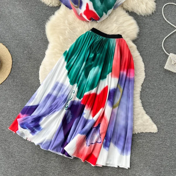 LE1298 Hot Sell Women'S Printed Pleated Casual Suit Loose Plus Size Print Pleated Top Long Skirt 2 Piece Set - Image 6