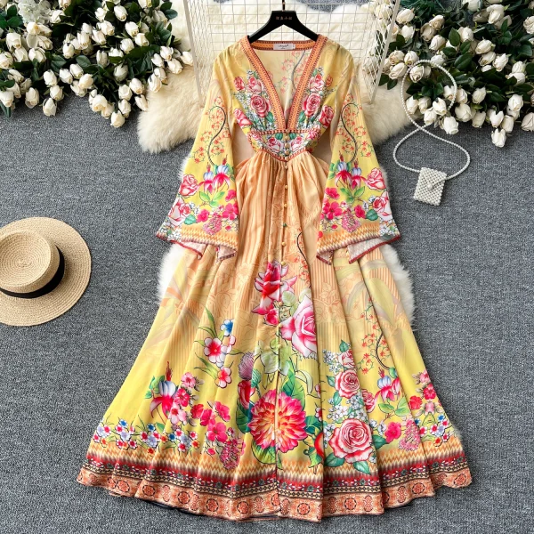 ZT1505 European Retro Court Trumpet V-neck Single Breastedbig Swing Floral Printed Elegant Socialite Party Evening Gown - Image 2
