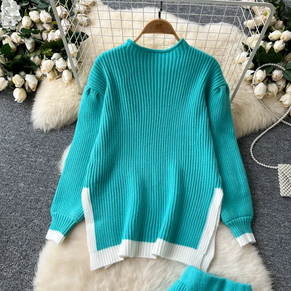 LW0135 Simple Color Contrast Design Two-Piece Women'S Loose Knit Sweater High Waist Slimming Mid-Length Skirt - Image 5
