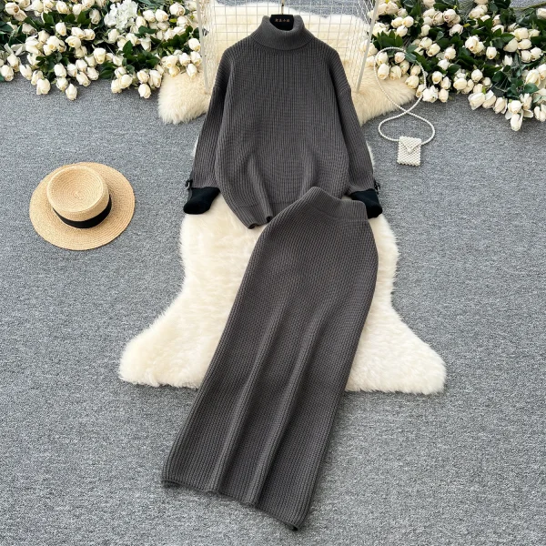 LW0141 Turtleneck Matching Color Pullover Sweater Women'S High Waist Slim Mid-Length Skirt Women'S Sweater Two Sets - Image 5