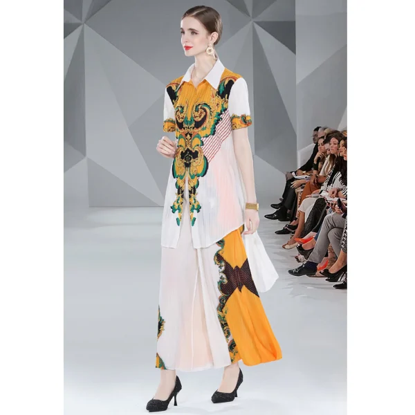 High Elasticity Courtly Style Printed Miyake Fold Suit Pleated Loose Lapel Single Breasted Shirt Wide Leg Pants 2-Piece Set - Image 4
