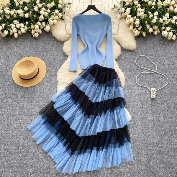 LE4760 Senior Sense Royal Pant Sets Sister Set Women'S Autumn Square Neck Knitwear High Waist Slimming Gauze Half Cake Skirt - Image 2
