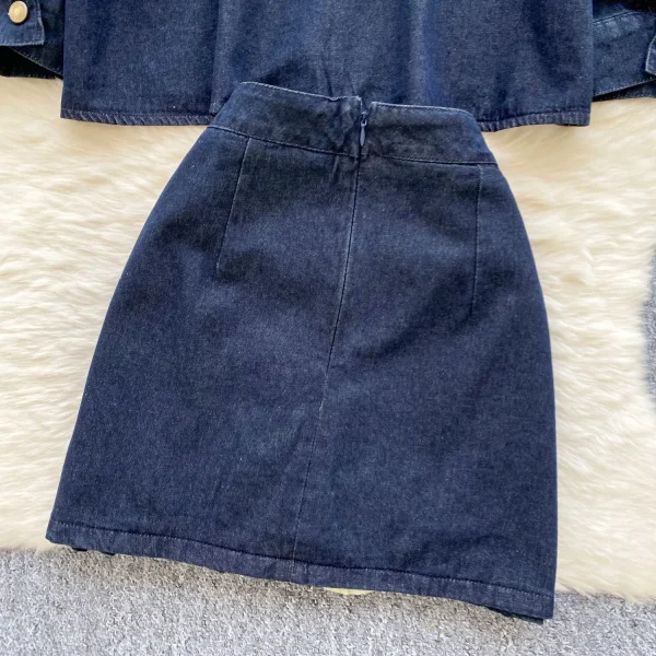 LW0112 Vintage Sweet Little Ladies Two-Piece Fall Bow Tie Denim Shirt High-Waisted Slip Skirt Two Piece Set for Ladies - Image 6