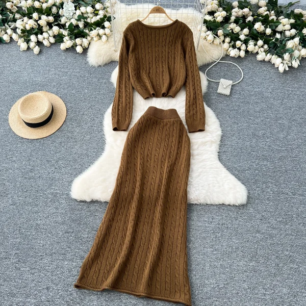 LW0130 Slouchy Sweater Set Women'S Slimming Everything Twist Knit Top High-Waisted Slim-Fit Skirt Two Piece Ladies Set - Image 2