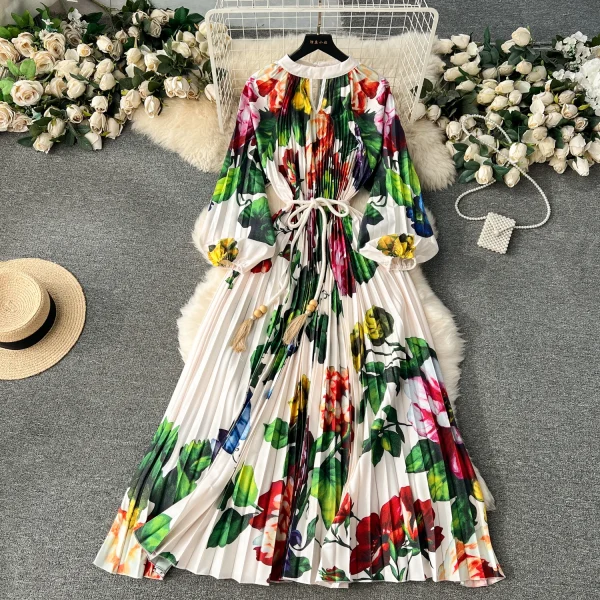 ZT1529 Retro Palace Style Design Sense Floral Printed  Pleated Puffy Sleeve Dress Spring Women Pleated Midi Dress - Image 4