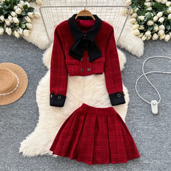 LW0116 French Girl Small Fragrance Color Bow Button Short Long Sleeve Coat High Waist Pleated Skirt Ladies Two-Piece Set