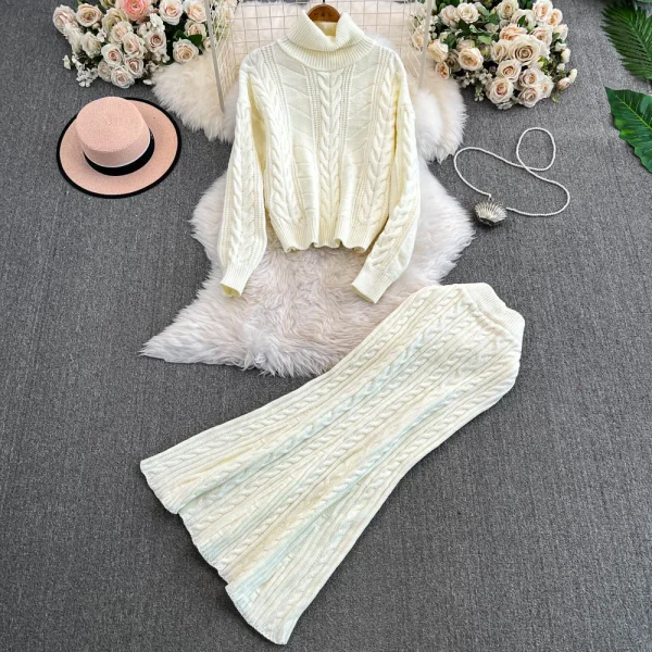 LE4754 Green Turtleneck Twist Sweater Women'S Winter Thick Loose Sweater Stretch Wrap Hip Skirt Two-Piece Set - Image 3