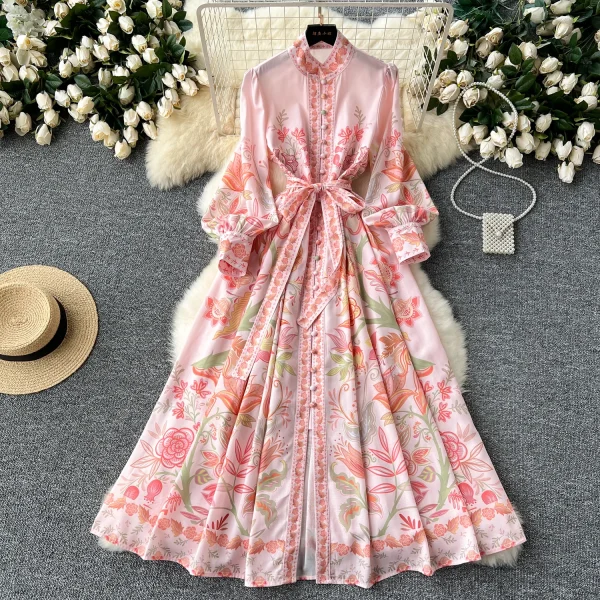 ZT1499 European Loose Waist Binding Flared Sleeve Pendant Floral Printed Elegant Socialite Party Dress Evening Gown