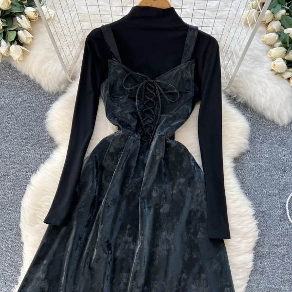 LW0113 French Retro Design Sense Tie up Waist Halter Dress Women'S Two-Piece Set With High Neck T-Shirt Top - Image 4