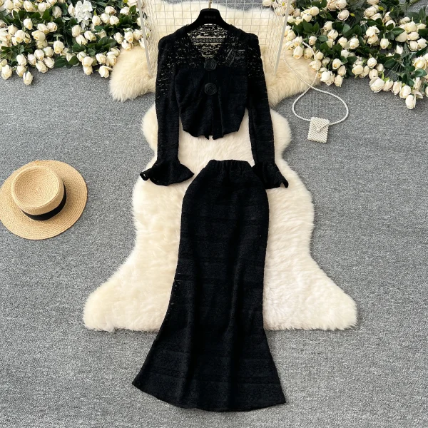 LW0100 Advanced Sense Rose Flower V-Neck Flared Sleeve Top Women'S High Waist Slim-Fit Skirt Lace Two-Piece Set - Image 2