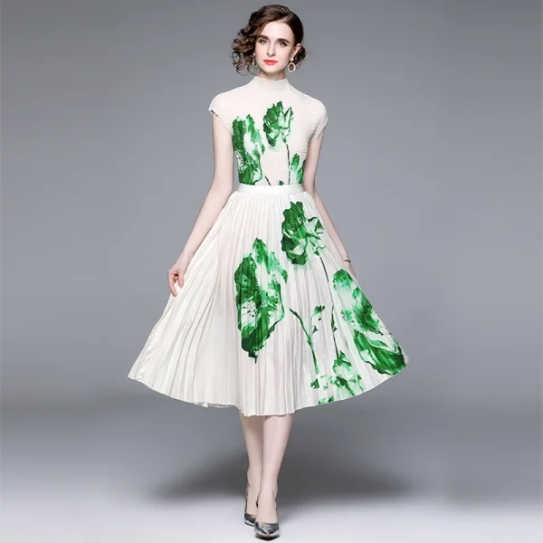 LE1305 Accept  Casual Style Boutique Women 2 Pieces Sets Floral Print Miyake Pleated Short-Sleeved Tops Pleated Skirts - Image 2