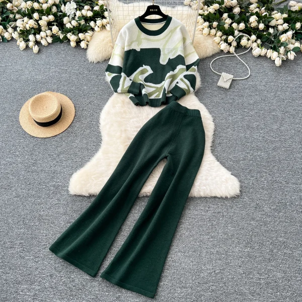 LW0102 Contrasting Color Line Knitwear Women'S Crew Neck Long Sleeve Pullover Sweater High Waist Wide Leg Pants Two-Piece Set