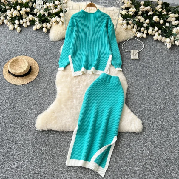 LW0135 Simple Color Contrast Design Two-Piece Women'S Loose Knit Sweater High Waist Slimming Mid-Length Skirt - Image 2