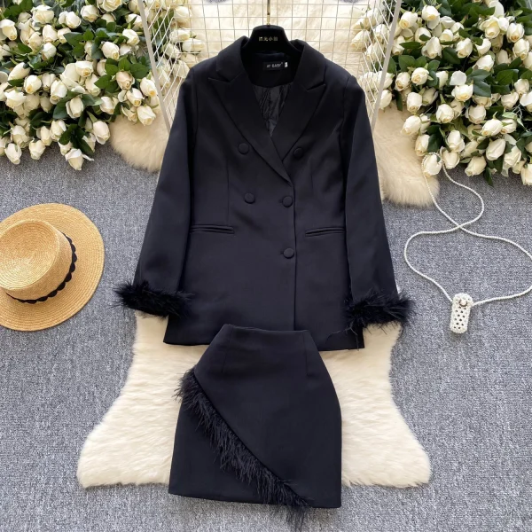 LW0611 Casual Temperament Loose Furry Sleeve Suit Jacket Top High Fanny Pack Hip Skirt Skirt Two Piece Set for Ladies