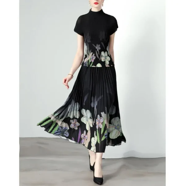 LEYEE Original Design Miyake Pleated Print Ladies Blouse Set Pearl Chiffon Pleated Skirt Two Piece Set
