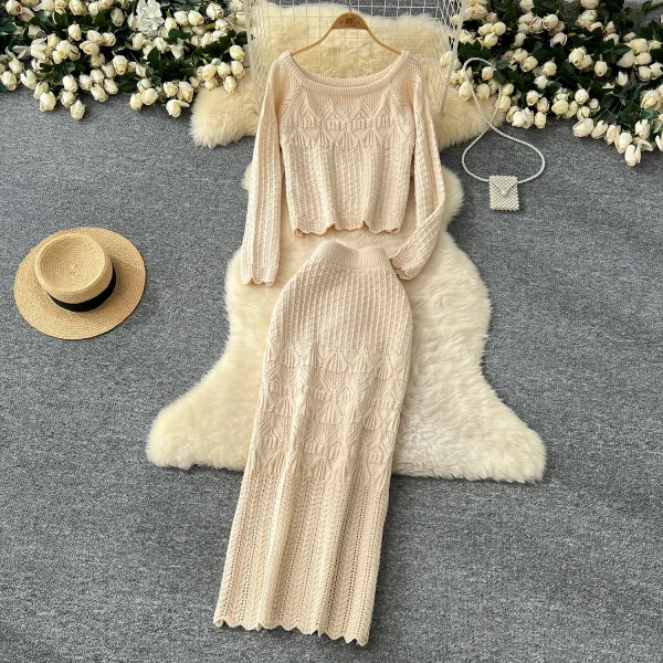 LW0124 Knit Set Skirt Women'S Slouchy High-Level Sense With Short Twist Sweater High-Waisted Slim-Fit Skirt Two-Piece Female - Image 4