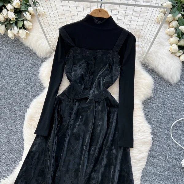 LW0114 French Vintage Square Collar Button-Down Waist Dress for Women With Turtleneck Bottoms for Women Two-Piece Set - Image 4