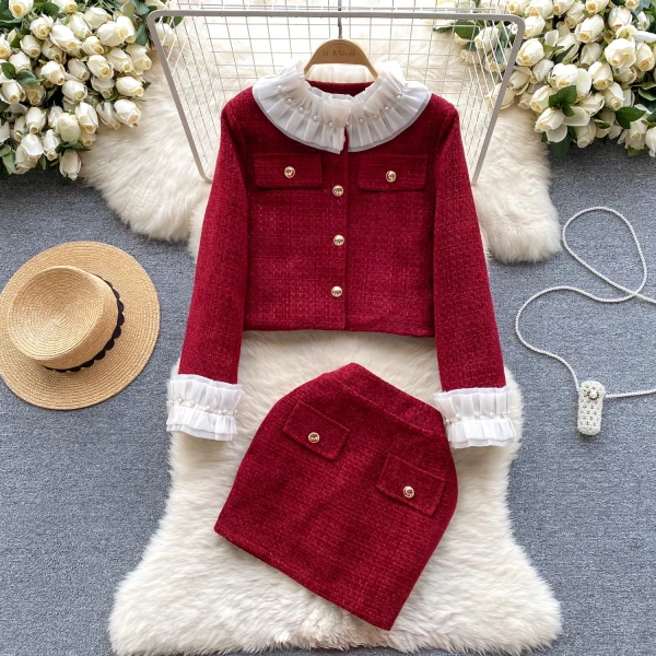 LE4749 Elegant 2-Piece Sets for Women Studded Ruffled Cardigan Jacket + Skirt Age Reduction Two-Piece Set