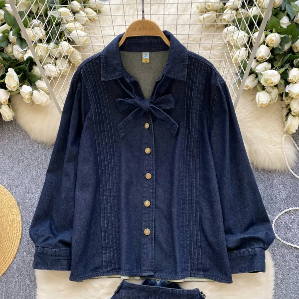 LW0112 Vintage Sweet Little Ladies Two-Piece Fall Bow Tie Denim Shirt High-Waisted Slip Skirt Two Piece Set for Ladies - Image 4