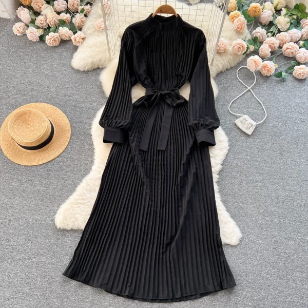 ZT1459 Spring Autumn Dresses Stand Collar Solid Color Senior Sense Elegant Dresses Strap Irregular Pleats Long Dresses Women - Image 2