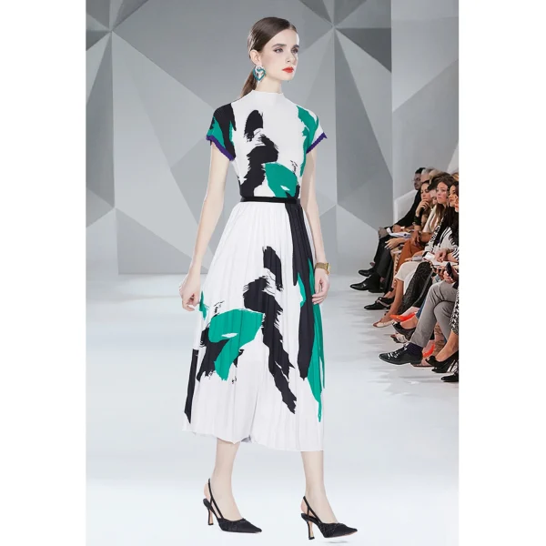 LE1339 High Quality 2025 Pleat Clothing Casual Style Printed Short Sleeve Top and Printed Long Pleated Skirt Two Piece Sets - Image 5