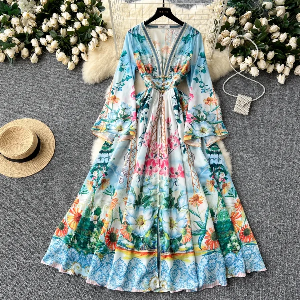 ZT1505 European Retro Court Trumpet V-neck Single Breastedbig Swing Floral Printed Elegant Socialite Party Evening Gown - Image 4