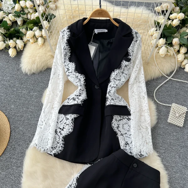 LW0125 Light Wind commuter Ladies Two-piece Contrasting Color Lace Long-sleeved Suit Jacket High-waisted Suit Pants - Image 6