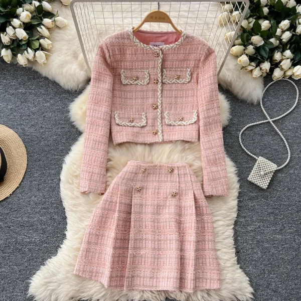 LW0144 Vintage Small Fragrance Metal Buckle Short Long Sleeve Coat Women'S High Waist Skirt Tweed Two-Piece Set
