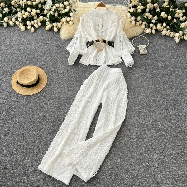 LE4758 Fashion Three-Piece Set 2025 Autumn Cutout Hook Lace Waist Long Sleeve Shirt High Waist Straight Pants - Image 3