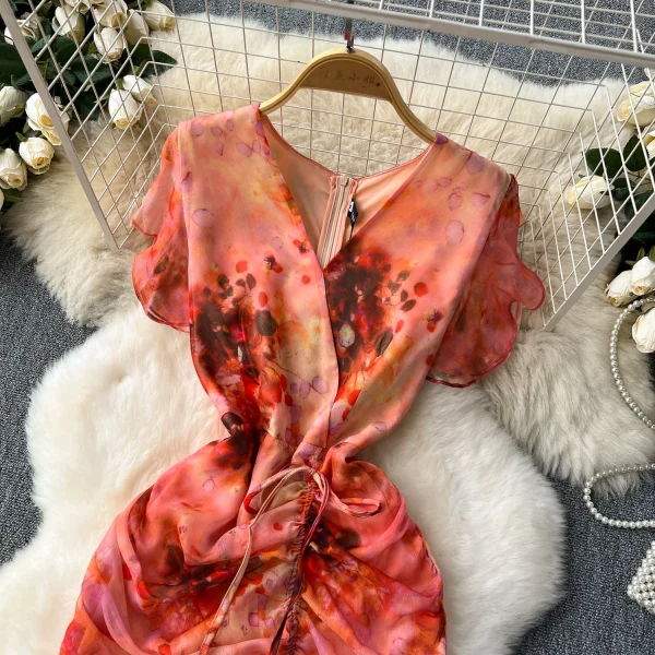 ZT1524 Goddess Style Heart Fold Drawstring Graceful Floral Printed Wrap Hips Ruffled Fishtail Elegant Dress Midi Dresses - Image 2