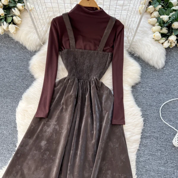 LW0113 French Retro Design Sense Tie up Waist Halter Dress Women'S Two-Piece Set With High Neck T-Shirt Top - Image 5