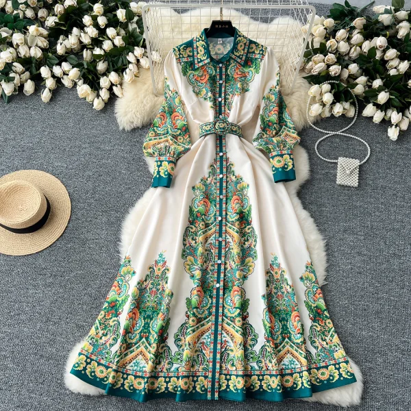 ZT1516 High-end Dress Female Court Style Retro Elegant Fashion Print Closed Single Breasted French Maxi Dress