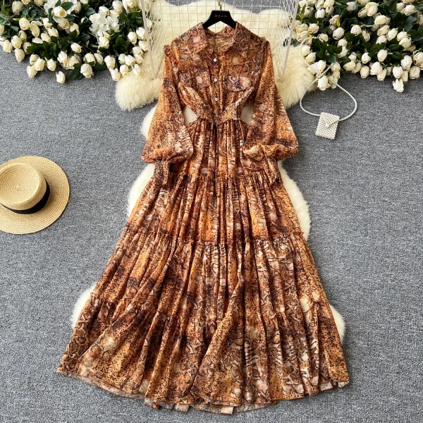 ZT1554 Luxury Vintage Women's New  Slimming Lantern Sleeve Single Breasted Floral Printed Elegant Maxi Dress - Image 2
