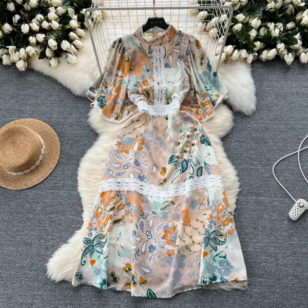 ZT1456 Printed Dress Woman Clothes Floral Dress  Senior Sense  Retro Elegant Lantern Long Sleeve Waist Pleated Dress - Image 2