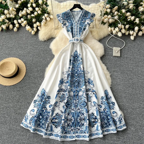 ZT1503 European Americanhigh-end Temperament Small Flying Sleeve Waist V-neck Single Breasted Printed Dress Retro Maxi Dresses