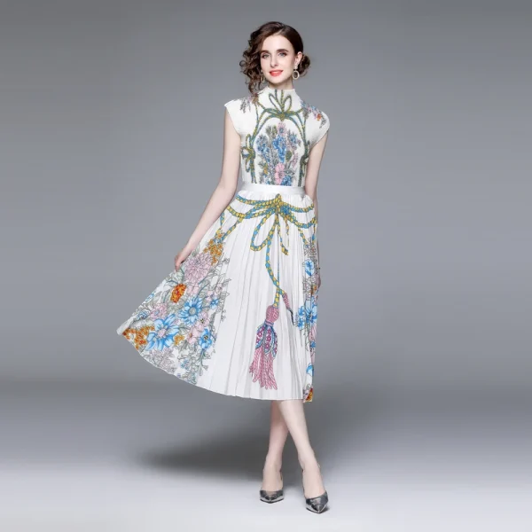Floral Printing Miyake Pleated Women Suit Slim Print Stand Collar Short Sleeve Top+loose Slim Skirt Casual Party Two Piece Sets - Image 2