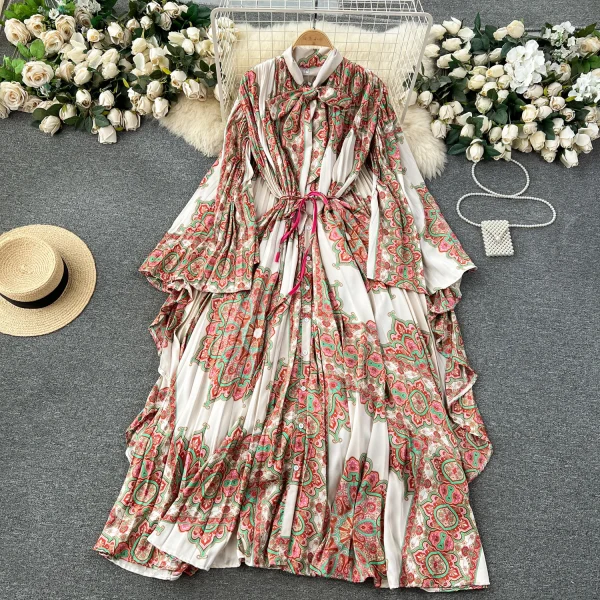 ZT1457 High-End Floral Dress Women Elegant Loose Bat-sleeve Bow Tie Digital Printed Woven Fabric Niche Light Style Sweet Style - Image 5